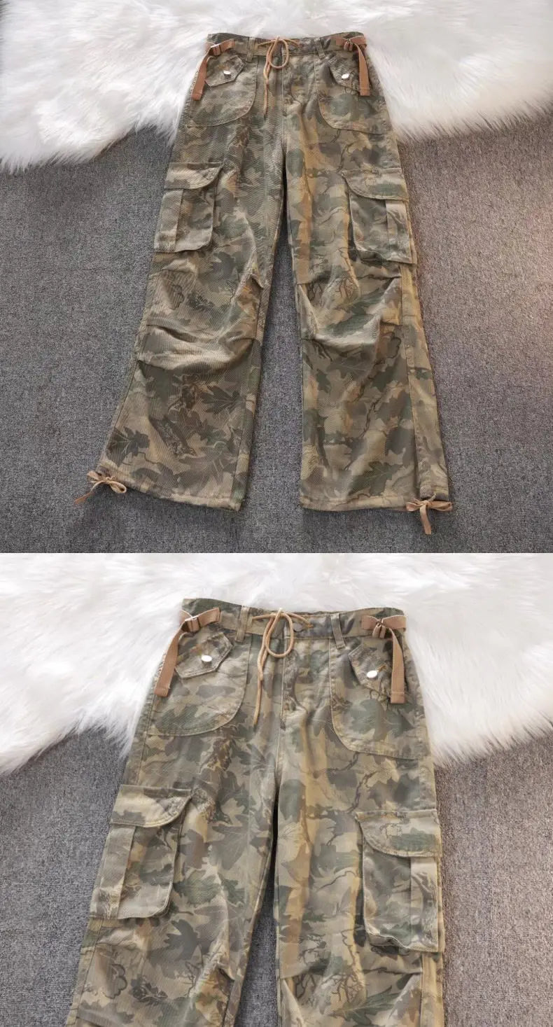 Threebooy Gothic Harajuku American Camouflage Drawstring Casual Trousers Leaf Pattern High Street Hip Hop Y2k Straight Leg Wide Leg Pants