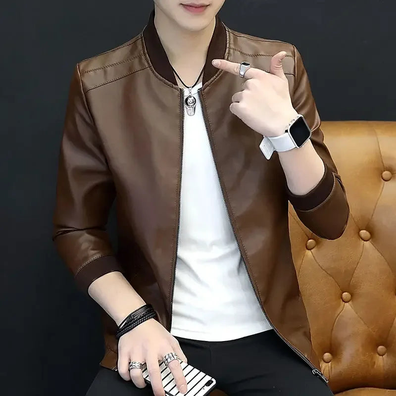 Threebooy Brown Casual Men's Suit Jackets Trendy Korean Style Clothes Male Leather Blazer Single Models Luxury Designer Menswear Coat