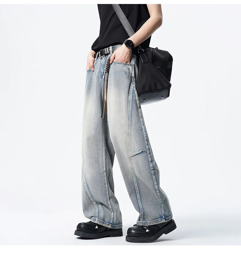 Threebooy Mens Loose Fit Patchwork Wide Leg Washed Jeans Vintage Denim Pants Casual Streetwear Comfort Trendy Baggy Trousers Hip Hop
