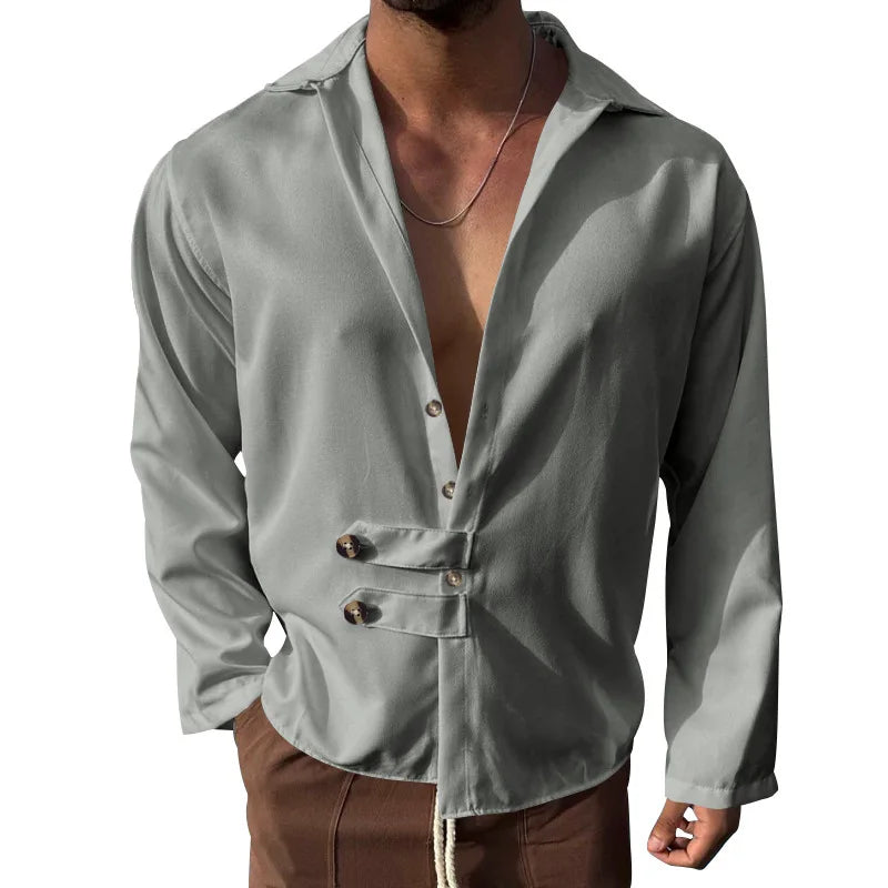 Threebooy   Cross-border Men's Spring and Autumn Men's Long-sleeved Shirt Amazon Casual Loose Lapel Button Cardigan Shirt