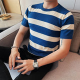 Threebooy Summer Short Sleeve Stripe T-Shirt Men Fashion Hollow Out Plaid Knitted Casual T-shirt Breathable Round Neck Tee Top Streetwear