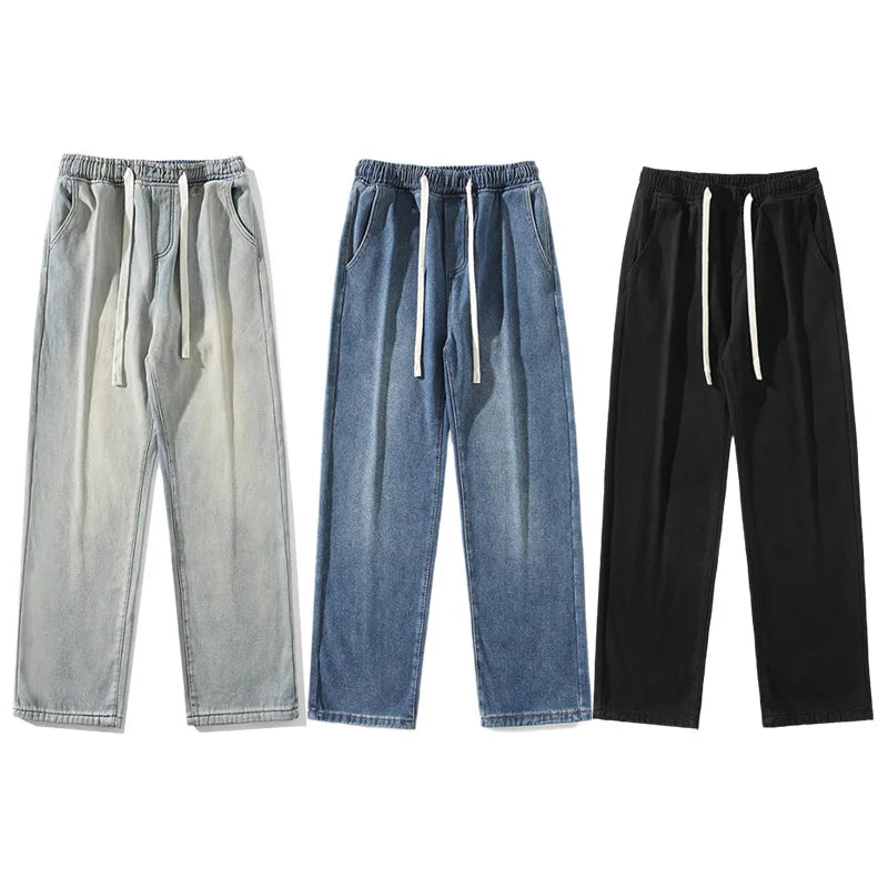 Threebooy Men's Wide Leg Jeans Straight Elastic Waist Baggy Casual Korean Fashion Retro Oversize Male Drawstring Design Pants