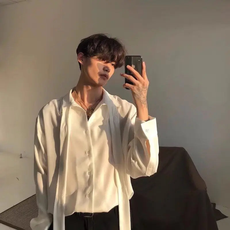Threebooy Japanese Fashion High-end White Shirts Men Women Korean Version 2025 New Trendy Design Solid Color Handsome Long-sleeved Tops