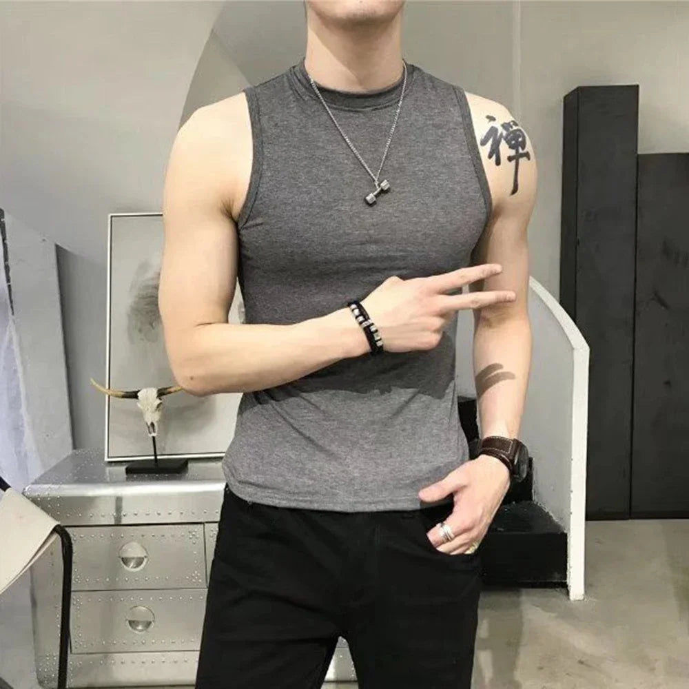 Threebooy Summer Trend Vest Men's Tight Turtleneck Sleeveless Cotton Vest Male Slim Fitness Stretch Tank Tops Bottoming Shirt Streetwear