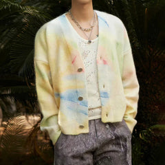 Threebooy Autumn And Winter Mens Coat Colorful Tie-Dye Knitted Cardigan Coat Versatile Casual Loose Lazy Style Long-Sleeved Sweater