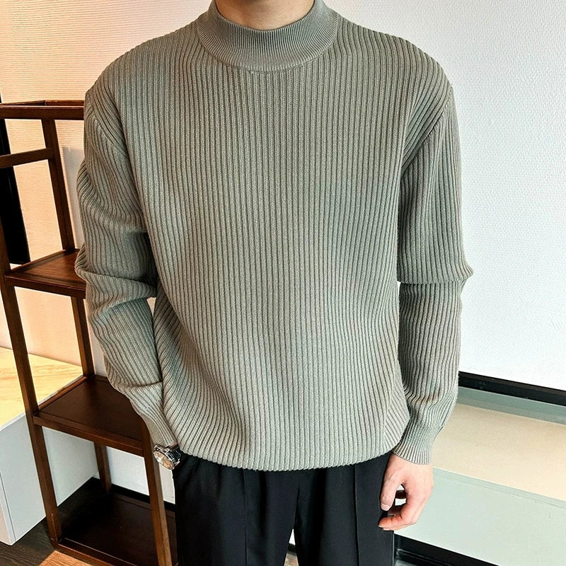 Threebooy  New Korean Retro Men Basic Sweaters Luxury Knit Solid Color Mock Neck Long Sleeve Pullover Casual Textured High Quality Knitwear