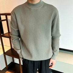 Threebooy  New Korean Retro Men Basic Sweaters Luxury Knit Solid Color Mock Neck Long Sleeve Pullover Casual Textured High Quality Knitwear
