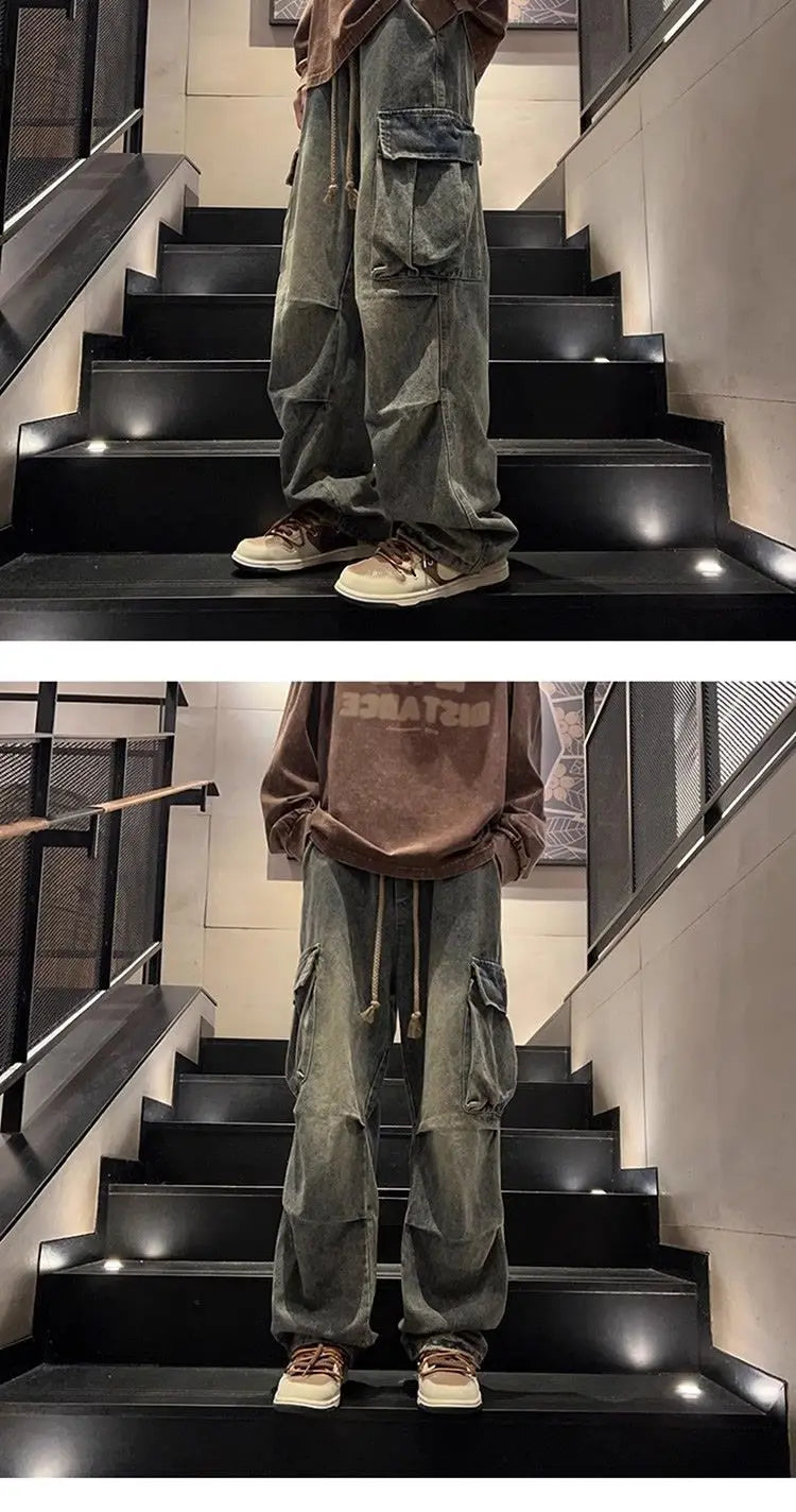 Threebooy High street hip-hop men and women trendy personality large pocket straight leg washed denim jeans couple retro casual pants y2k