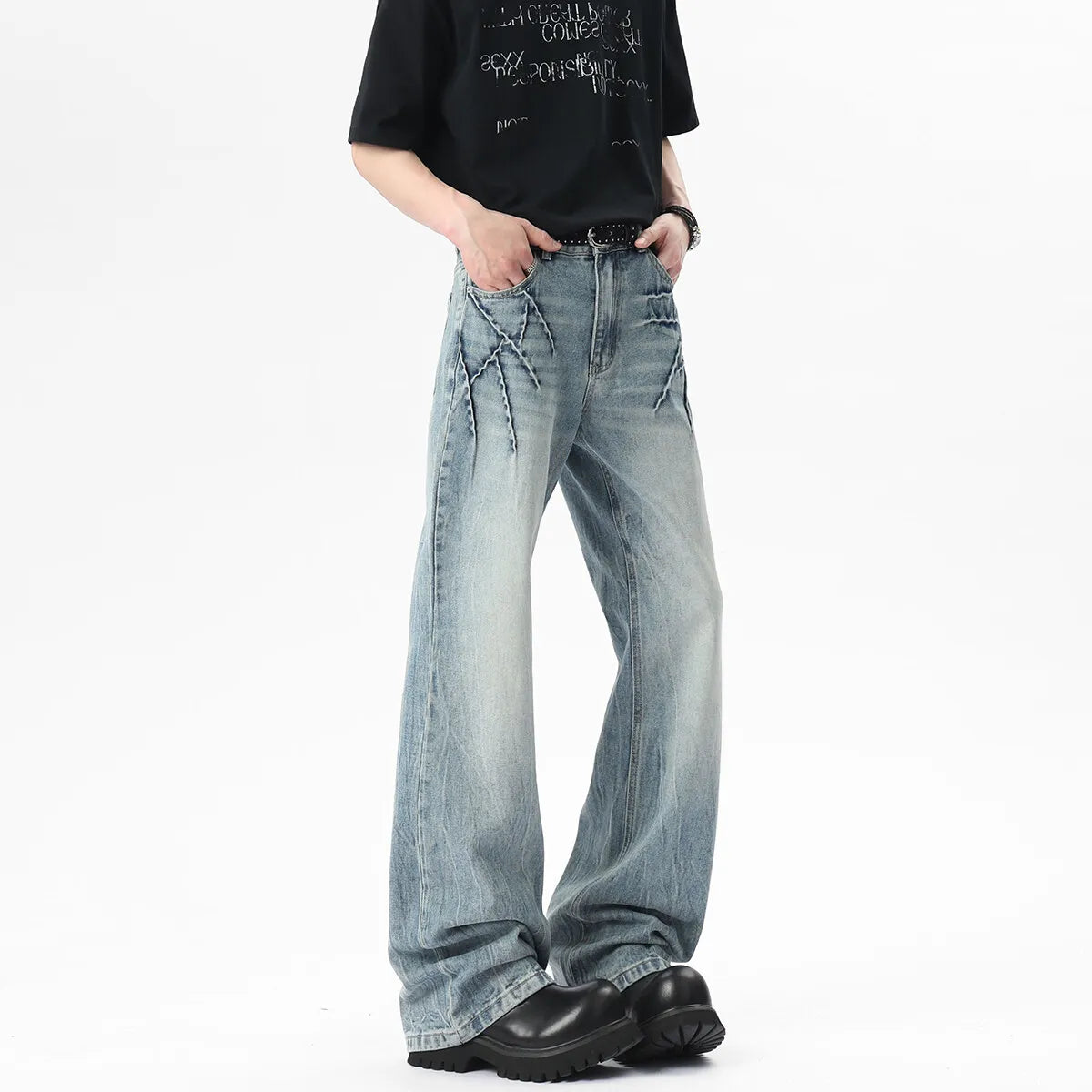 Threebooy  New Bootcut Jeans men Vintage Washed Distressed Wrinkle Crinkle Design Comfort Women Men Fashion Denim man Trousers