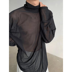 Threebooy Sexy Perspective High-neck Long Sleeve T Shirt Men Women Net Yarn Bottoming Shirt Spring Summer Transparent Black Tee Shirts