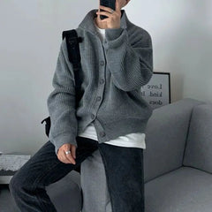 Threebooy Mens Solid Color Stand Collar Cardigan Sweater Autumn Winter Genderless Korean Loose Trendy Retro Button Sweater Jacket Unisex