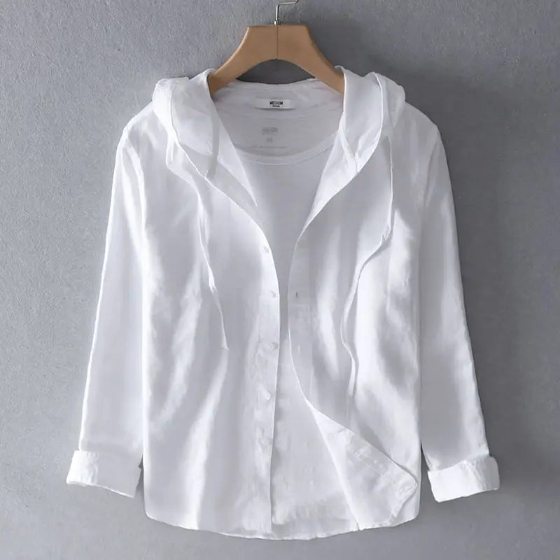Threebooy  Spring Summer New Hooded Long-sleeved Solid Color Linen Shirt Trendy Men's Thin Loose Youth Fashion Linen Sunscreen Shirt