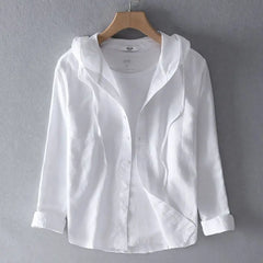 Threebooy  Spring Summer New Hooded Long-sleeved Solid Color Linen Shirt Trendy Men's Thin Loose Youth Fashion Linen Sunscreen Shirt