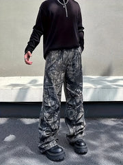 Threebooy  American Retro Washed Branch Camouflage Pleated Work Pants Men's Straight Loose Outdoor Casual Trousers