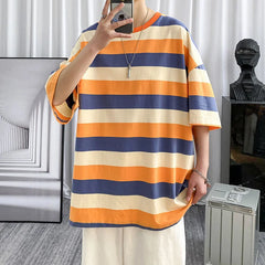 Threebooy Contrasting Color Striped Casual T-shirt Summer All-match Fashion Trend Loose Outfits Short Sleeve O-neck Men's Clothes Oversize