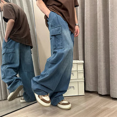 Threebooy Men Jeans Loose Straight Wide Leg Denim Pants Men's Hip Hop Streetwear Skateboard Neutral denim Trousers Mopping Cargo jeans