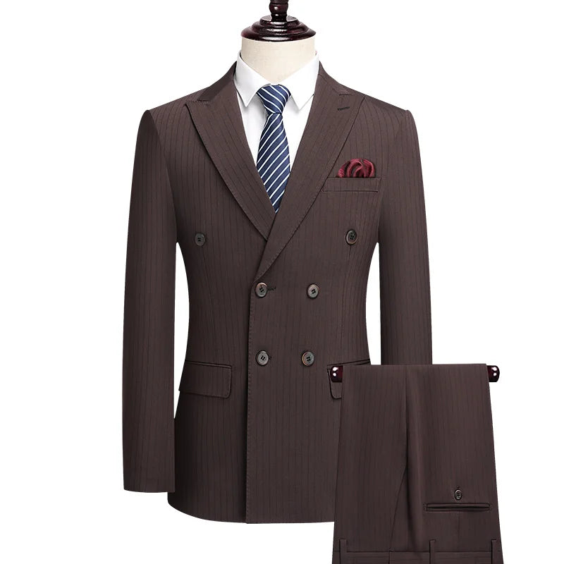 Threebooy Wedding suit men 3 Piece Striped wine red groom suit  2025 new High-end business suit set  Double-breasted dress