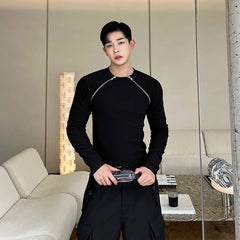 Threebooy Men's Slim Long Sleeve T-shirts 2024 Autumn New Niche Design Dark Zipper Split Versatile Tops Korean Style Clothing