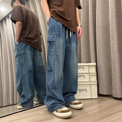 Threebooy Men Jeans Loose Straight Wide Leg Denim Pants Men's Hip Hop Streetwear Skateboard Neutral denim Trousers Mopping Cargo jeans