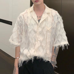 Threebooy Men Shirt Solid Tassel Transparent Lapel Short Sleeve Casual Tops Summer Streetwear Korean Sexy Shirts Fringe LGBT Unisex Blouse