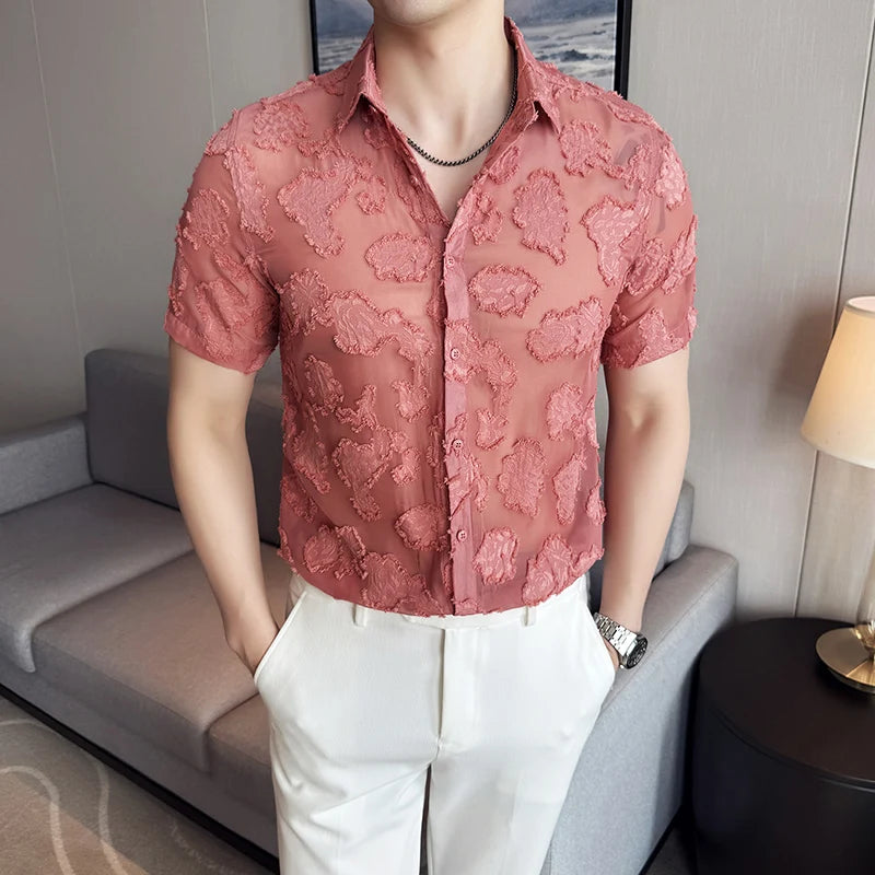 Threebooy  Summer New Lace Hollow Short Sleeve Shirt Ice Silk Fashion Leisure Nightclub Shirt High Quality Sunscreen Shirt Size 4XL-M