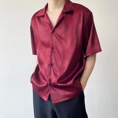 Threebooy Summer Men's Stylish Shirt Cuban collar Satin Silk Wine Red Dress Shirts Short Sleeve Tops Wedding Prom Party Holiday Blouse Man