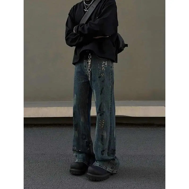 Threebooy Street men and women trendy personality retro blue splashed ink design straight leg jeans couple hip-hop loose casual pants y2k