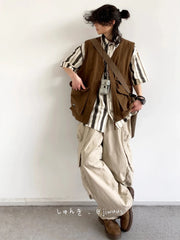 Threebooy  New Summer Japanese Retro Work Suit Vest Men Women Korean Fashion College Style Loose Sports Casual Sleeveless Versatile Jacket