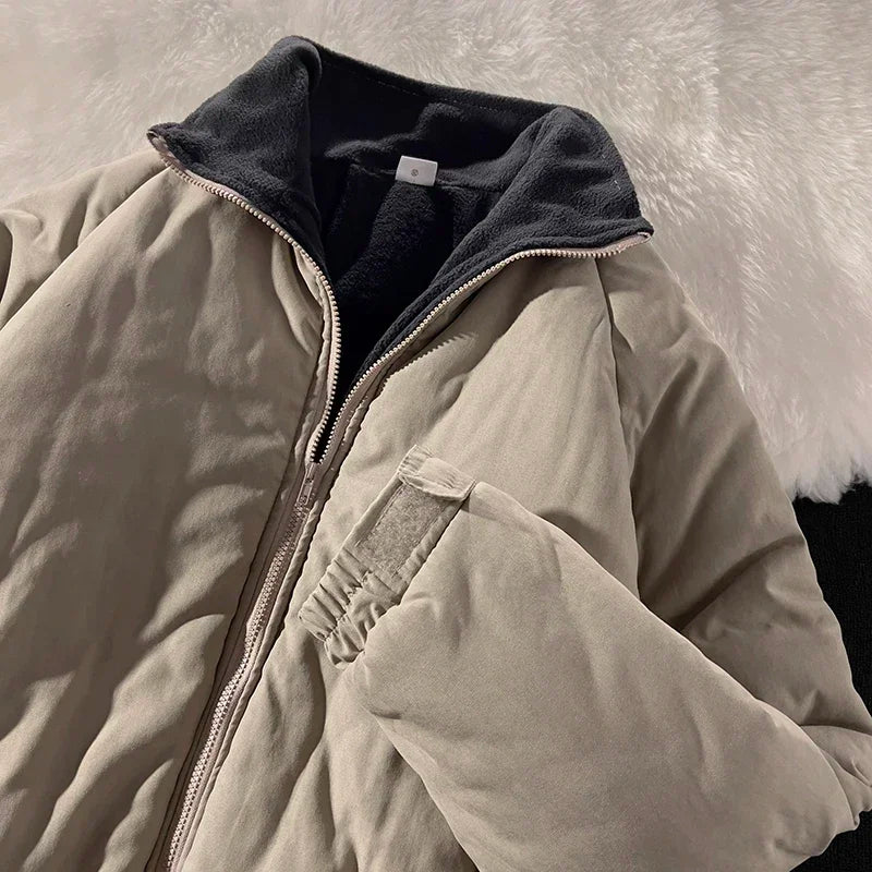 Threebooy Japan Standing Collar Padded Jacket Vintage Cityboy Men's Plush Parkas American Retro Hong Kong Style Winter Jacket Cargo Coat