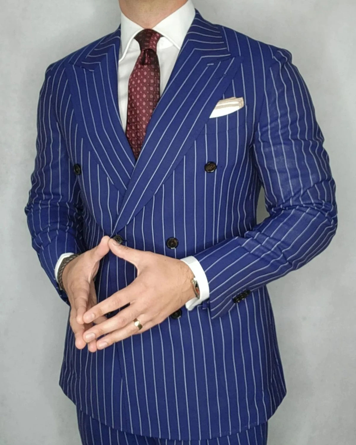 Threebooy  Navy Blue Men's Suit 2 Pieces Blazer Pants Double Breasted Peaked Lapel Pinstripes Business Modern Wedding Groom