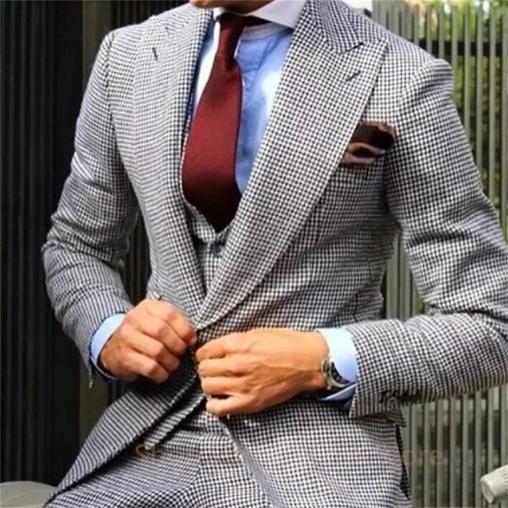 Threebooy  Men Suits 2 Pieces suit High Quality Slim Fit Business Groom Houndstooth Wool Tuxedos For Formal Wedding Party