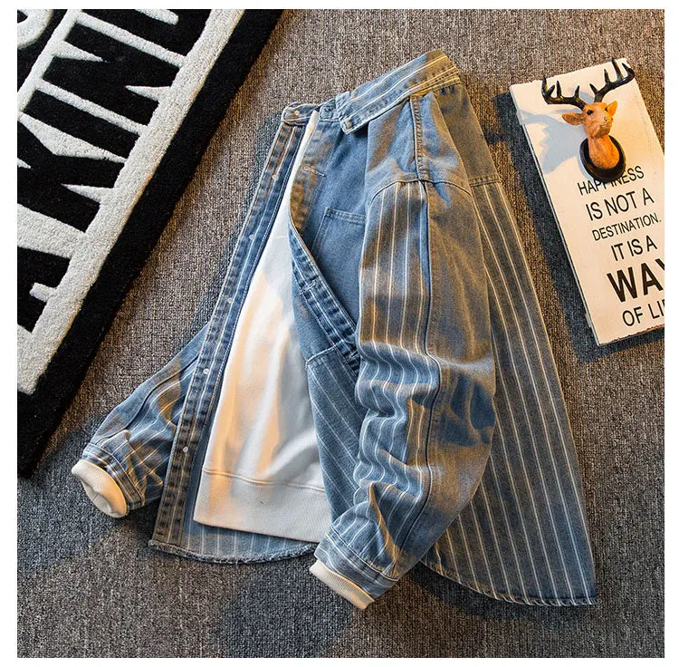 Threebooy American Striped Spliced Denim Jacket Men 2025 Autumn Trendy Handsome Men Women Casual Loose Work Shirt Jacket Aesthetic Chic
