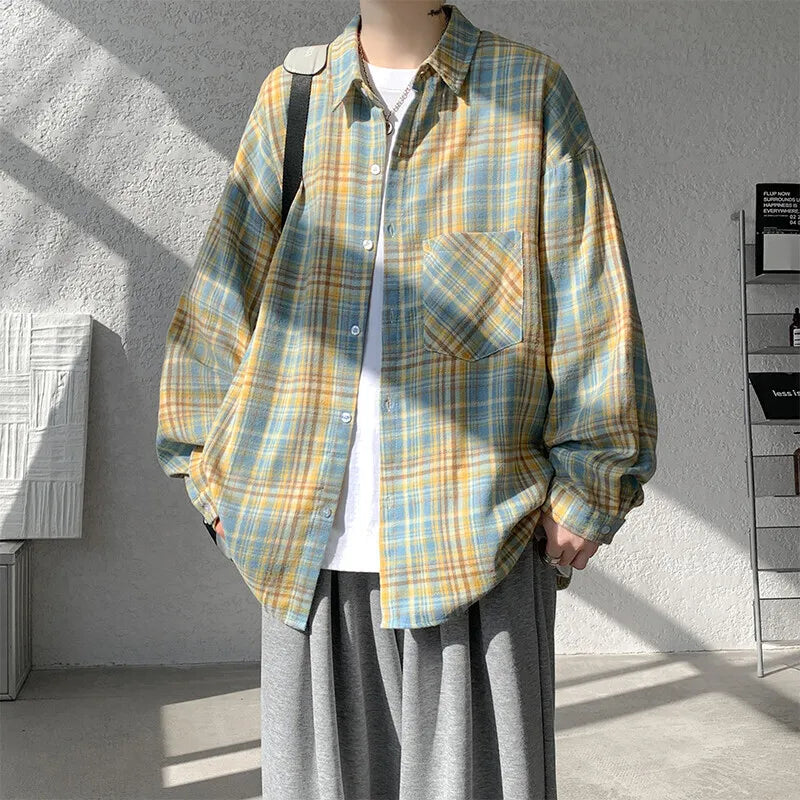 Threebooy Spring Long Sleeved Shirt Men Fashion Retro Plaid Shirt Men Streetwear Loose Casual Shirt Mens Vintage Shirts Plus Size 5XL