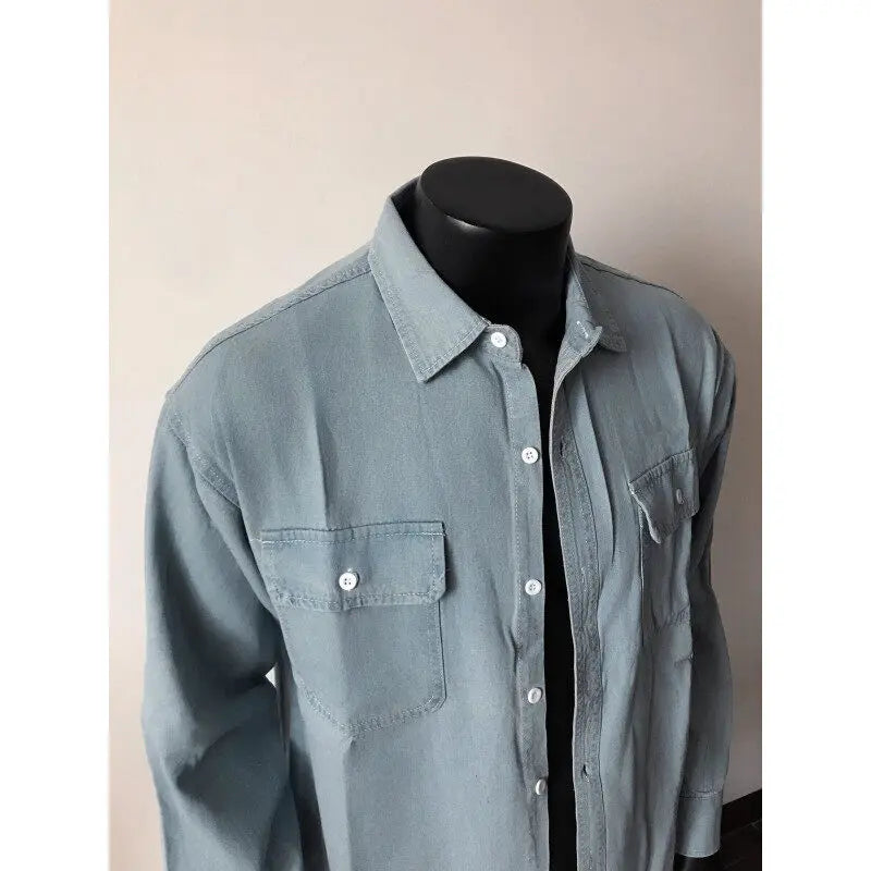 Threebooy Men Long Sleeve Denim Shirt Spring Casual Workwear Stylish Stretch Cotton Comfort Fit Chest Pocket Outdoor Daily Wear Trendy Men