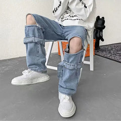 Threebooy Spring/Summer Fashion Removable Zipper Jeans High Street Retro Relaxed Straight Leg Pants One Pants Two Wear