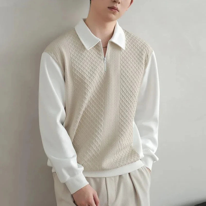 Threebooy  Trend Fashion Men Polo Shirts Spring Autumn New Lapel Half Zipper Fake Two Pieces Contrast Color Korean Casual Long Sleeve Tops