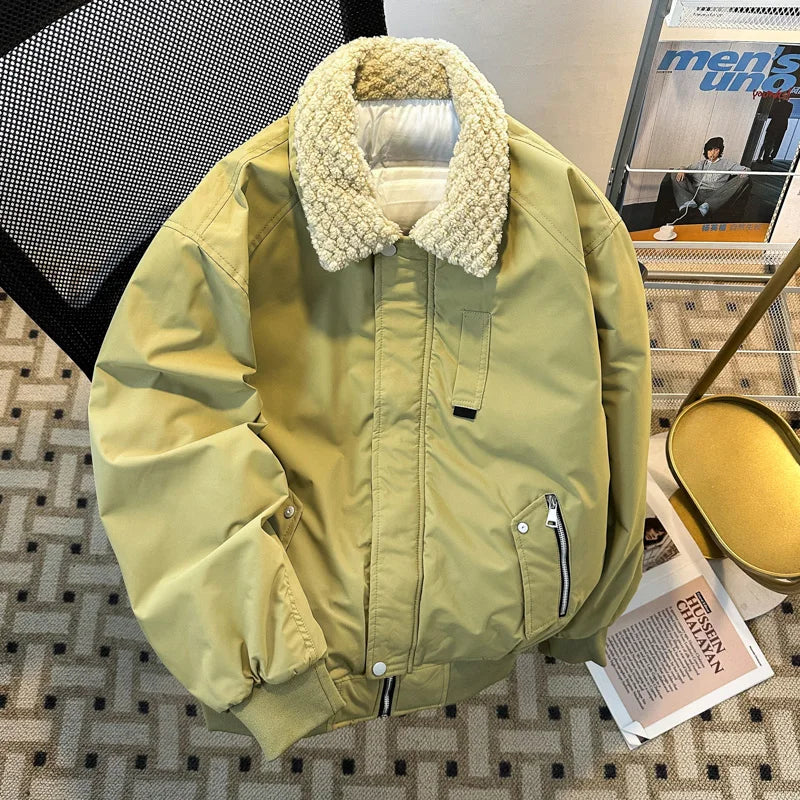Threebooy Japanese Solid Workwear Padded Coat Winter Loose Trend Splicing Imitation Lamb Fleece Collar Cotton Jacket Casual Lapel Coat