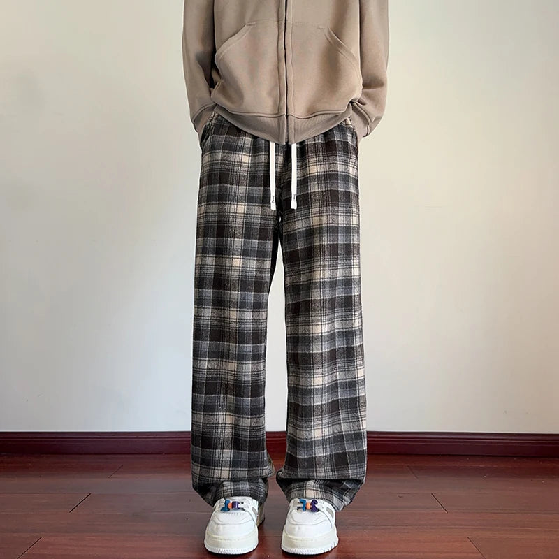 Threebooy Autumn Woolen Pants Men Fashion Retro Plaid Pants Men Streetwear Hip-hop Loose Wide Leg Pants Mens Vintage Trousers Large Size