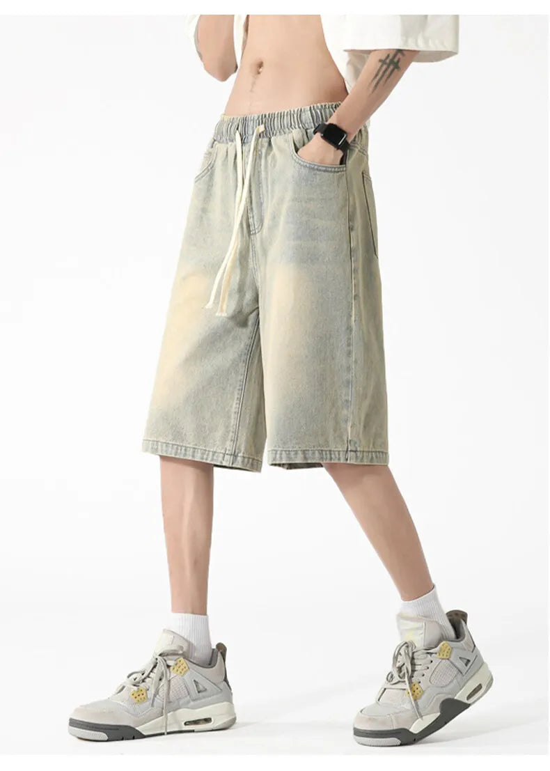 Threebooy Mens Denim Shorts Elastic Waist Drawstring Washed Classic Casual Summer Streetwear Vintage Stonewash Comfort Fit 2025 Fashion