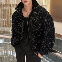 Threebooy Mens sequin casual jacket genderless 2024 new autumn winter fashion personality street trend youth thickened jacket unisex