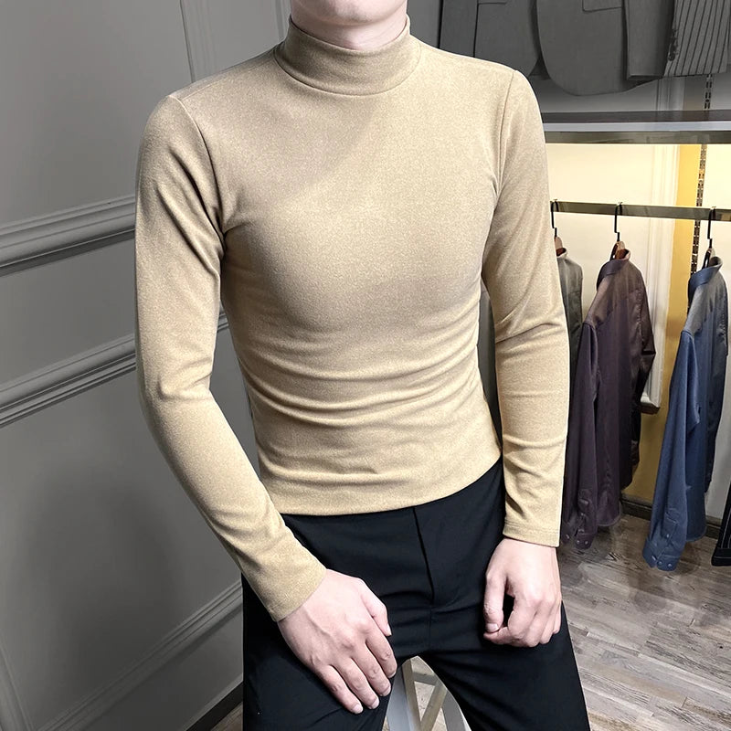 Threebooy Casual Men High Quality Spring and Autumn Solid Color Half A Turtleneck Long Sleeve Slim Base Shirt Men's Double-Faced Pile