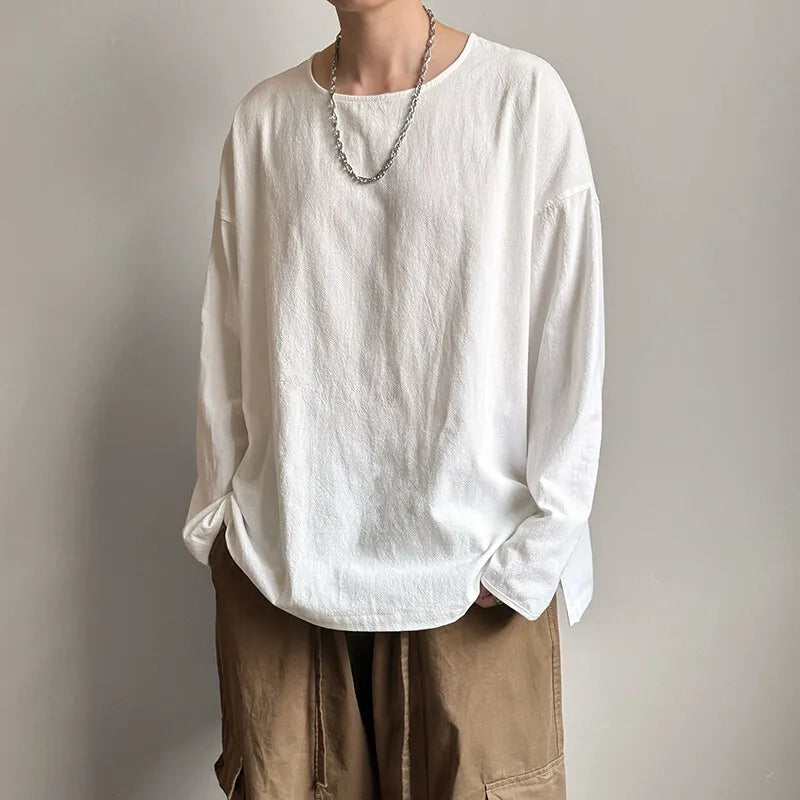 Threebooy  Spring Autumn Round Neck Loose T-Shirt Men Cotton Linen Long Sleeve Casual Male Tshirt Comfortable Breathable Hip Hop Tees Tops