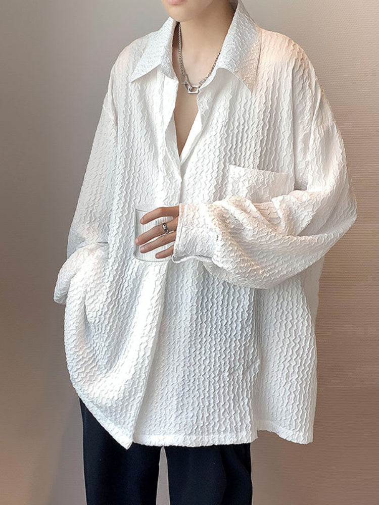 Threebooy Long-sleeved Shirt Men's Summer Trend White Button Up Blouse Men Hong Kong Style Handsome Jacket Wave Texture Niche Top