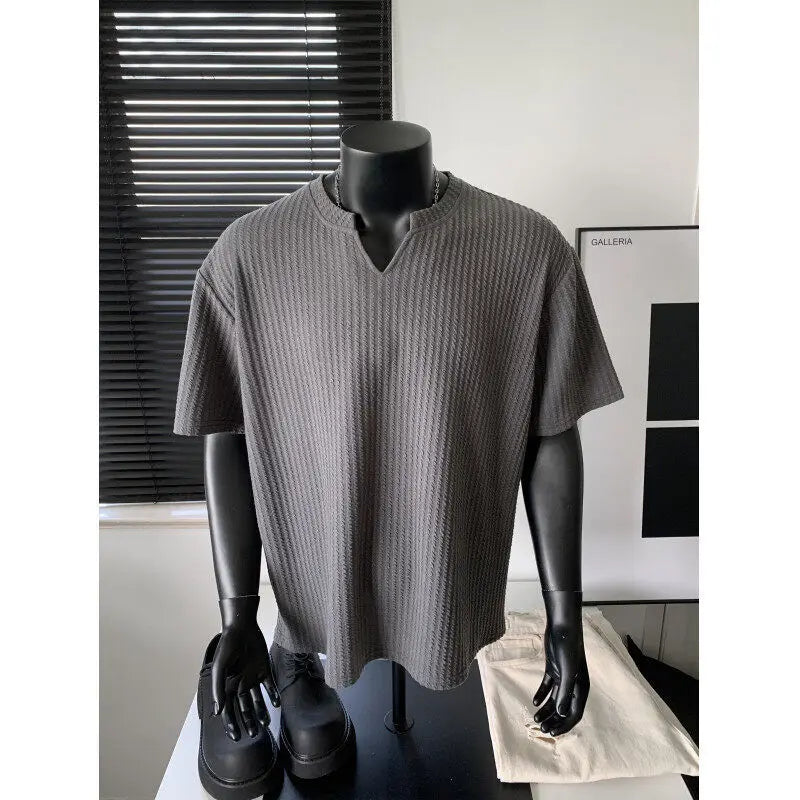 Threebooy Fashionable High-end V-neck Short-sleeved T-shirt Men's Korean Style Summer Fashion Handsome Clothes Loose Versatile Top Chic