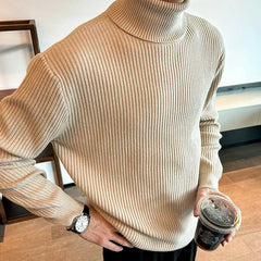 Threebooy  New Korean Retro Men Basic Sweater Luxury Knit Solid Color Turtleneck Long Sleeve Pullover Casual Textured High Quality Knitwear