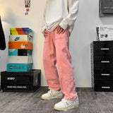 Threebooy 2024 Men's Jeans Pants Hip Hop Streetwear Casual Classic Style Pink Straight Denim Trousers S-3XL