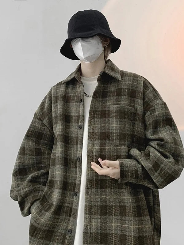 Threebooy Spring Autumn Men's Long Sleeved Checkered Shirt Jacket Coat