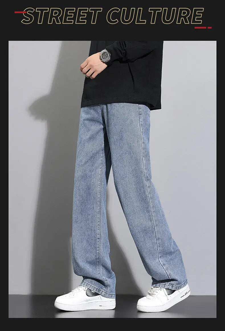 Threebooy 2025 New Korean Men's Casual Long Jeans Classic Man Straight Denim Wide-leg Pants Solid Color Light Blue Grey Black