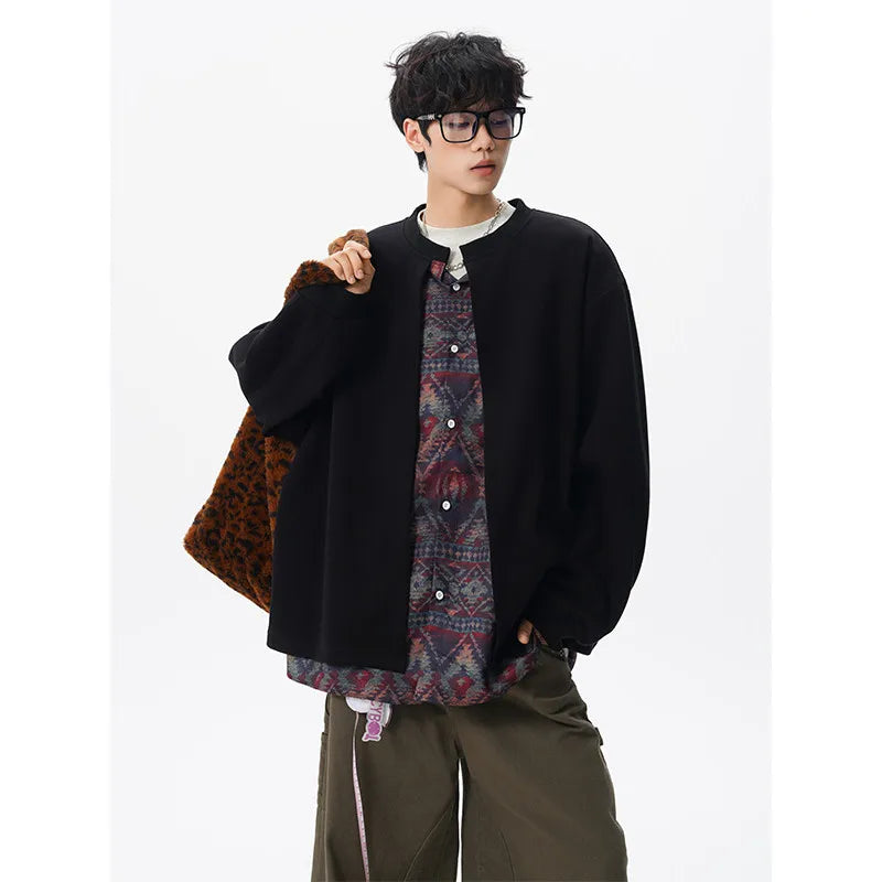 Threebooy Jacket men Stand Up Collar Single Breasted Fake Two Piece Jacket Autumn Thin Ethnic Print Patchwork Mens Outerwear Coat men new