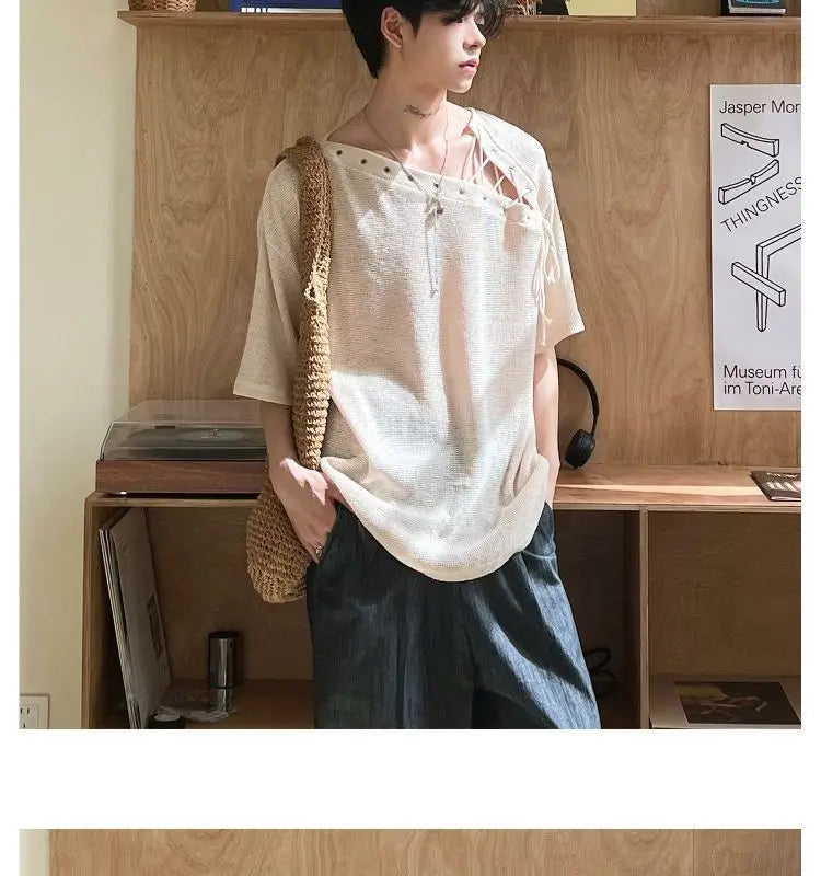 Threebooy Street Punk Shirt Off-shoulder Hollow T-shirt American 2025 New High-end Style Fashionable Casual Loose Short Sleeves
